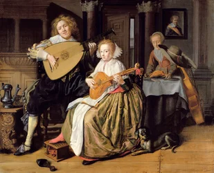 Ein junger Mann spielt eine Theorbe und eine junge Frau spielt eine Zister, ca. 1630-32